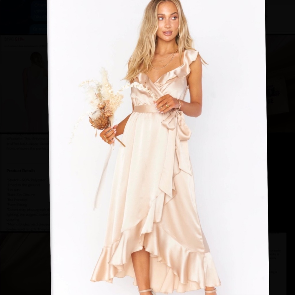 Champagne silky satin ruffle wrap dress wedding bridesmaids prom homecoming